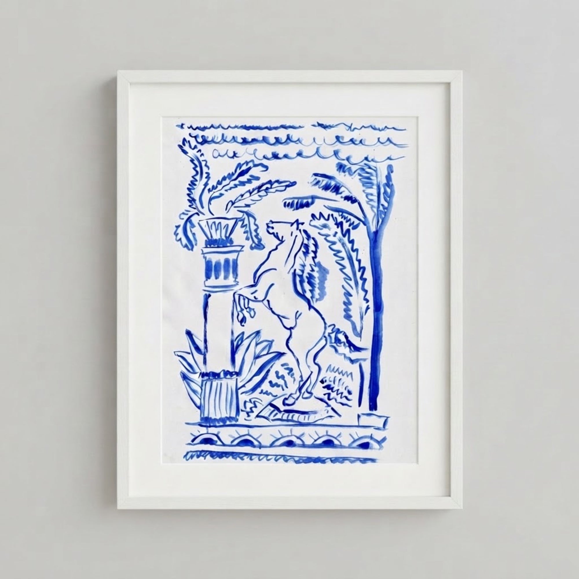 The image is a framed artwork featuring a stylized illustration of a horse, a palm tree, and a vase.