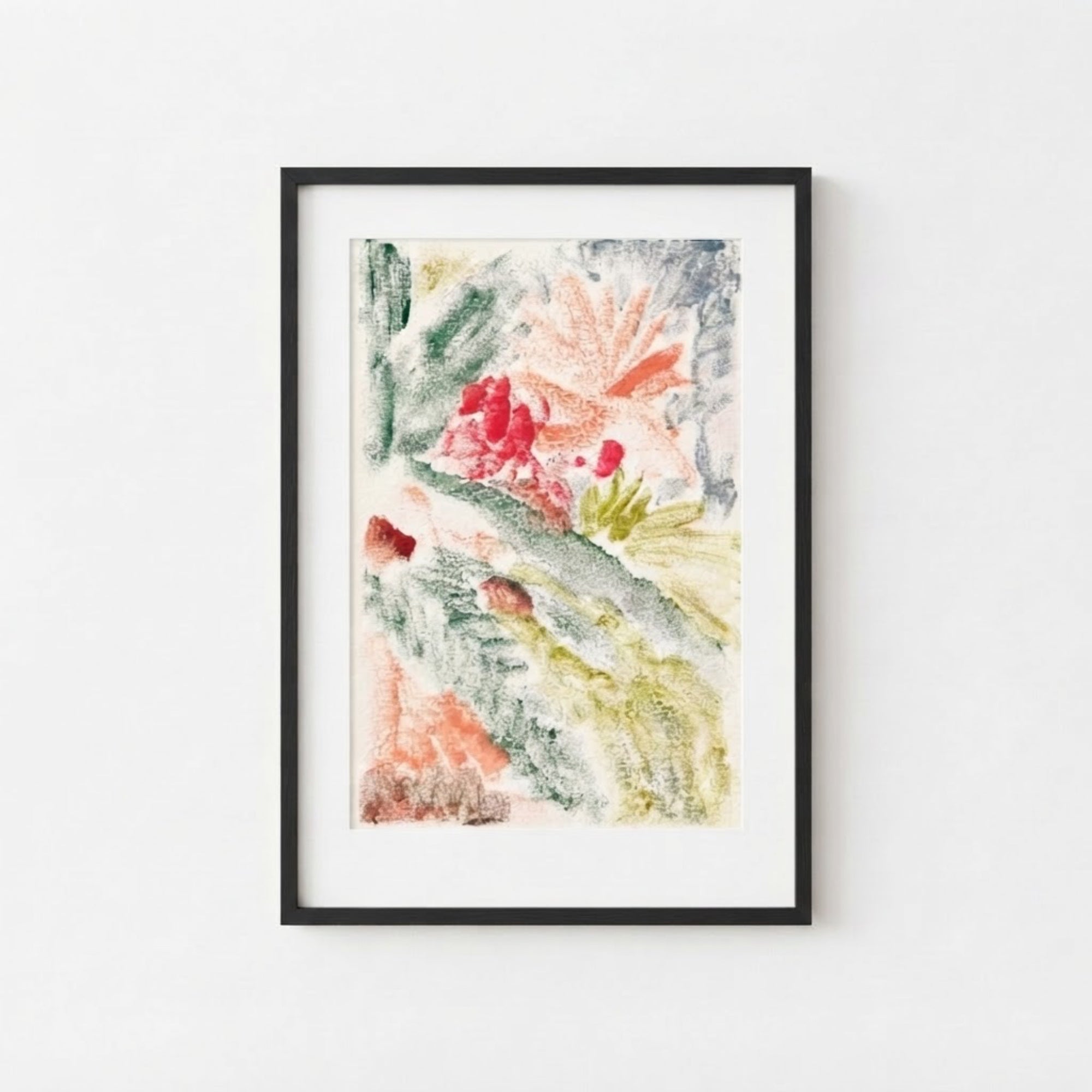 The image is a framed abstract painting with a vibrant mix of colors and textures, including red, green, yellow, and orange hues.