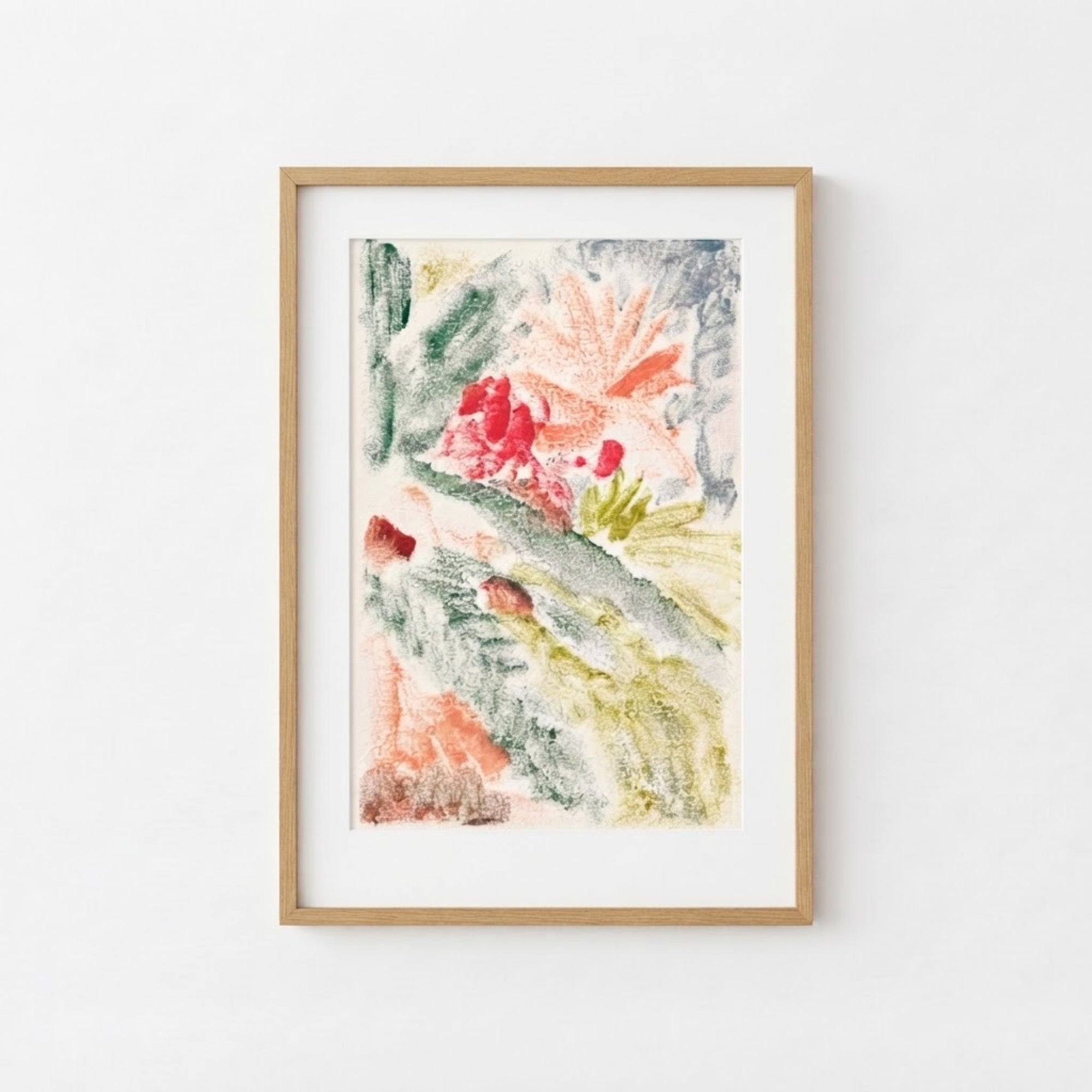 The image is a framed abstract painting with a vibrant mix of colors and shapes, including red, green, yellow, and blue.