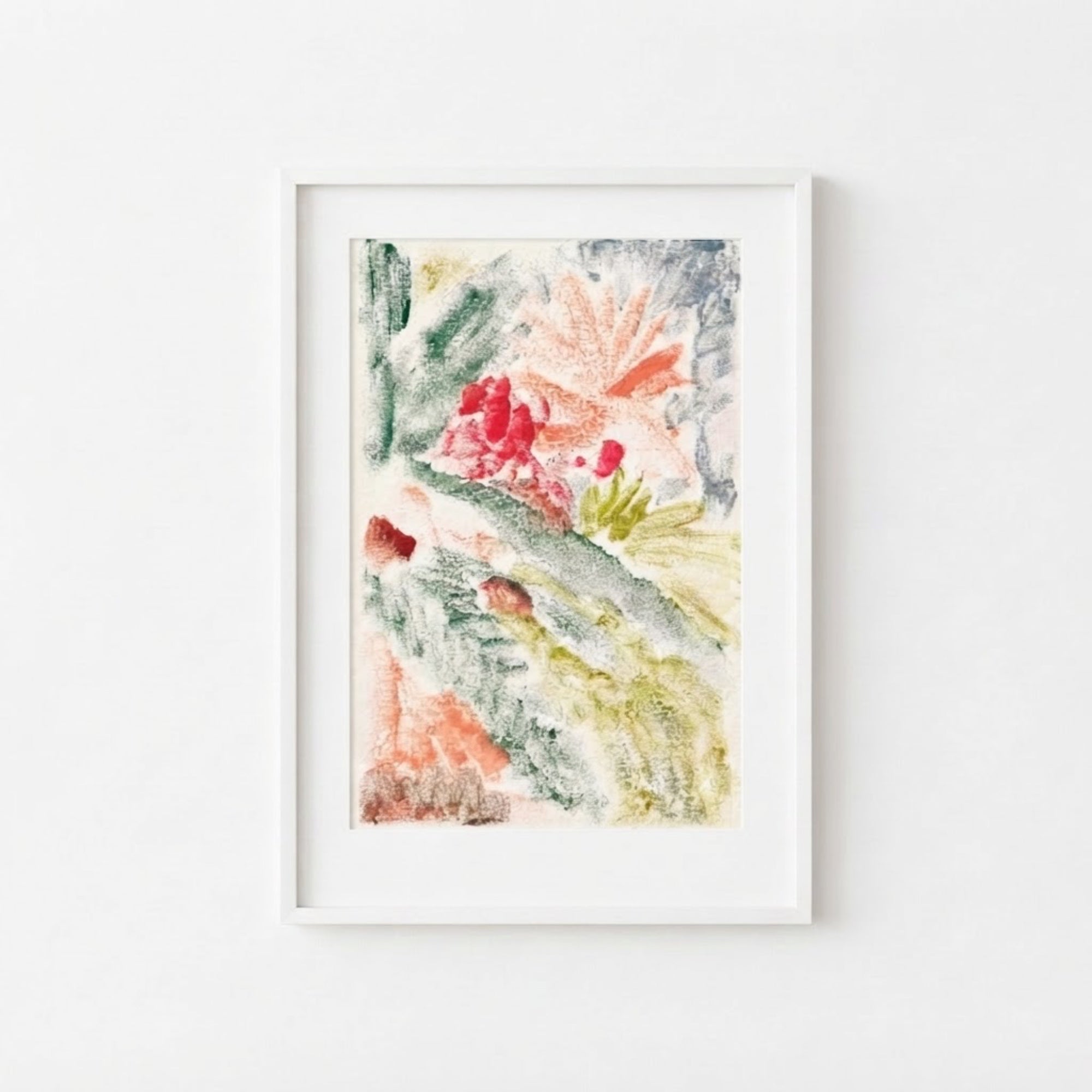 The image is a framed abstract painting with a vibrant mix of colors and textures, including red, green, yellow, and orange hues.