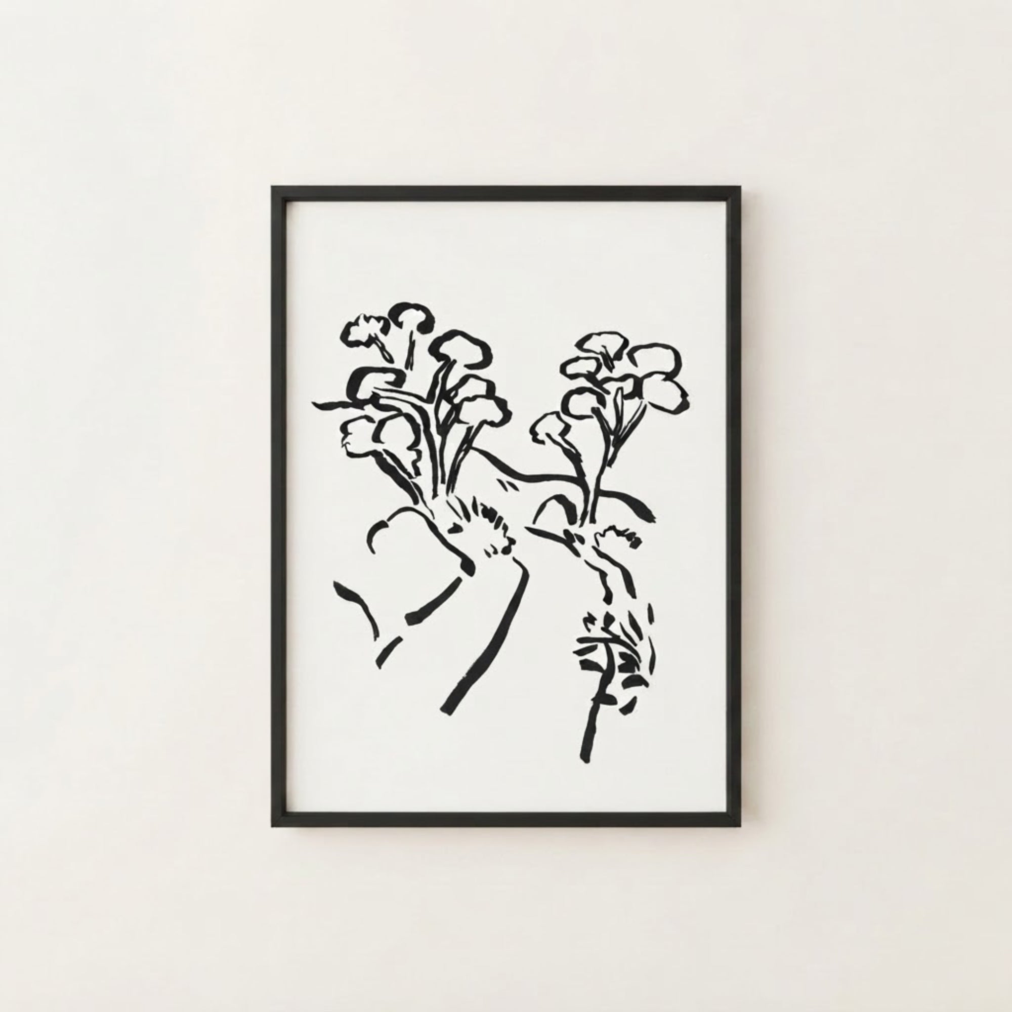 The image is a black and white abstract art print featuring stylized floral or plant-like shapes in a minimalist, sketchy style.