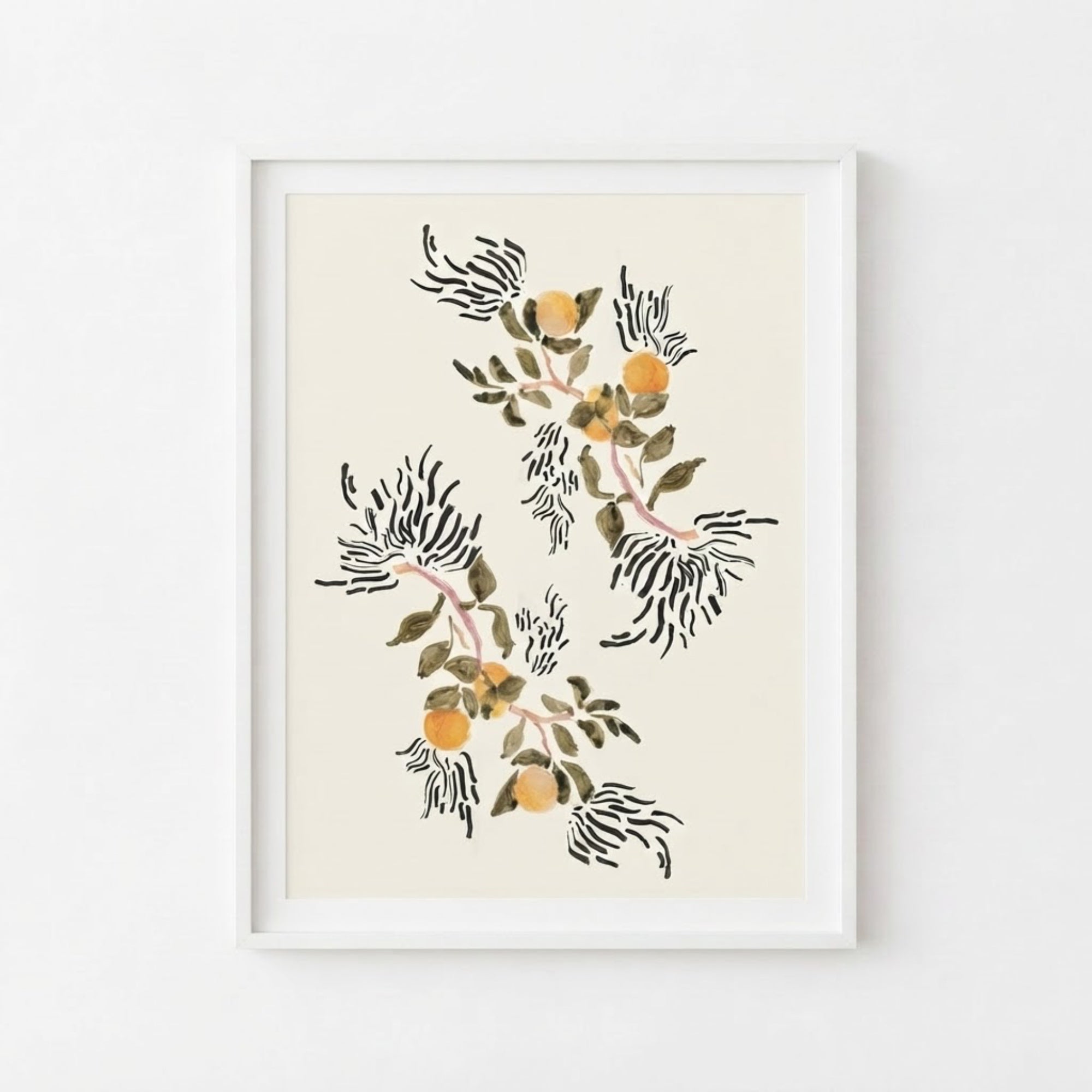 The image is a framed print featuring a floral design with orange flowers and green leaves.