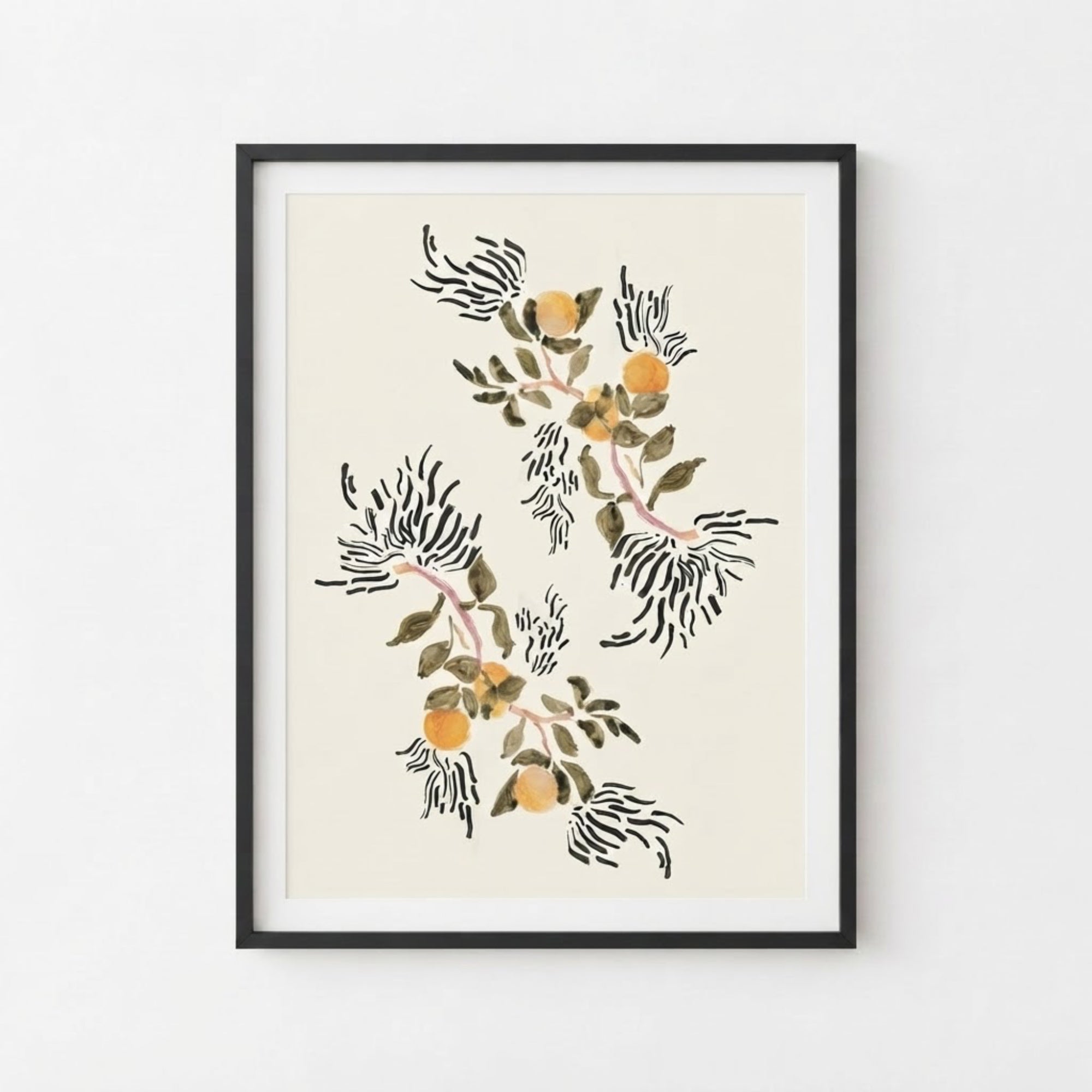 The image is a framed print featuring a floral design with orange flowers and green leaves.