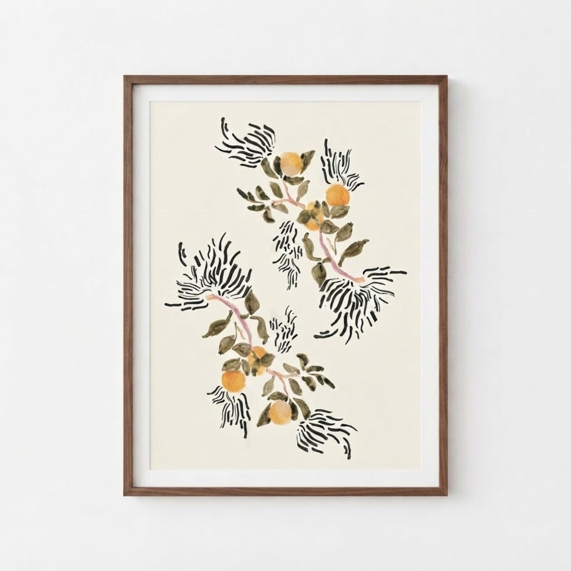 The image is a framed print featuring a floral design with orange flowers and green leaves.