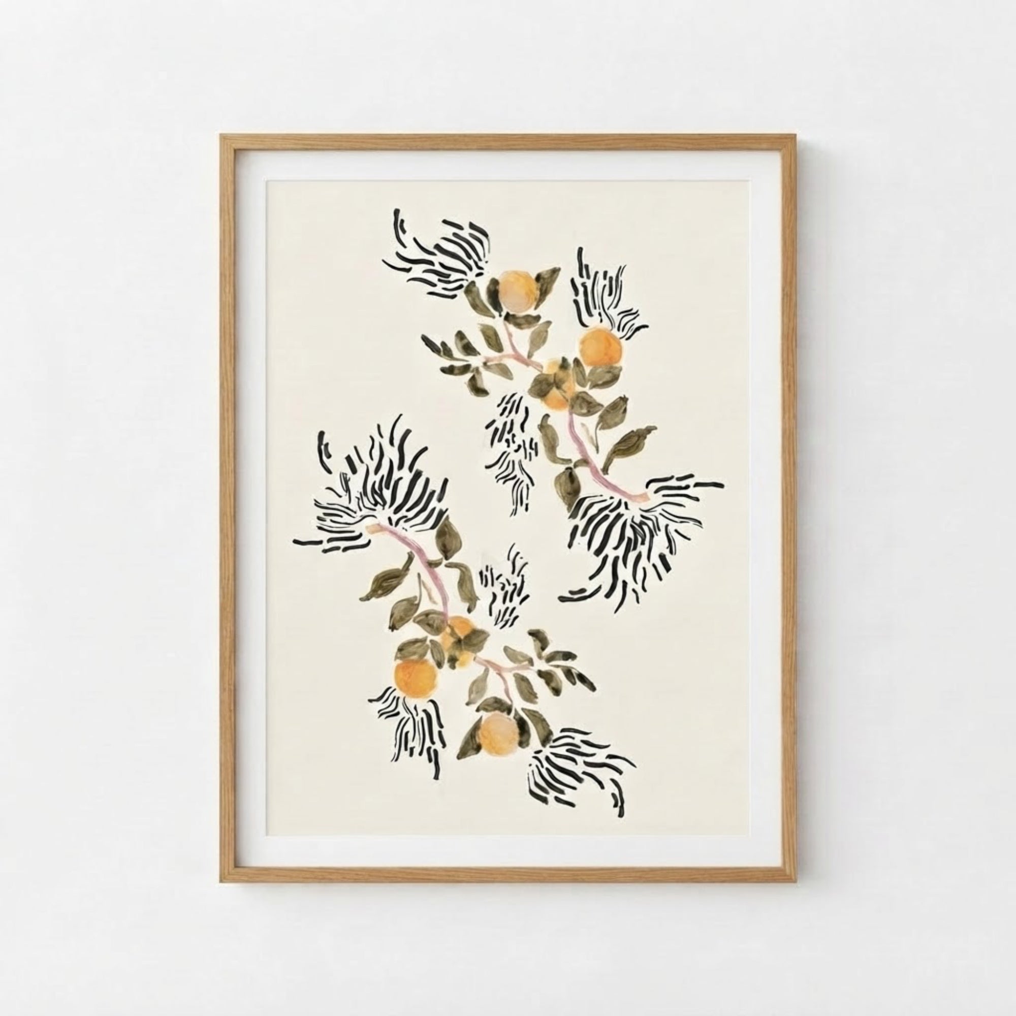 The image is a framed print featuring a floral design with orange flowers and green leaves.