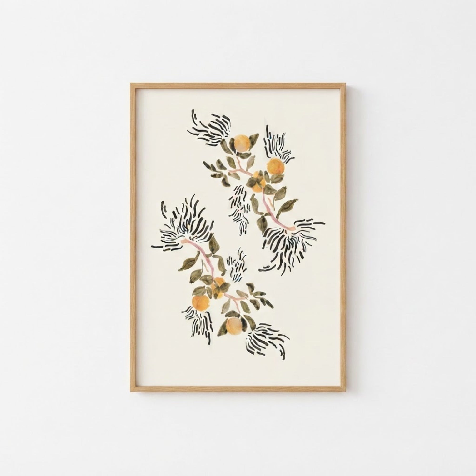 The image is a framed print featuring a floral design with orange flowers and green leaves.