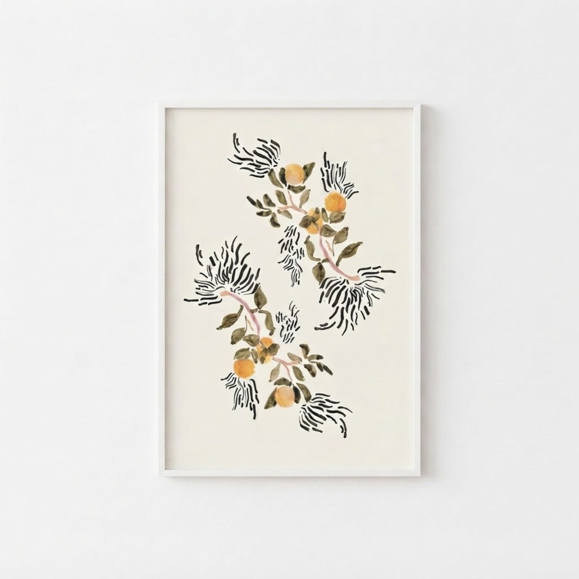 The image is a framed print featuring a floral design with black and white stripes and leaves, creating a visually striking and artistic composition.