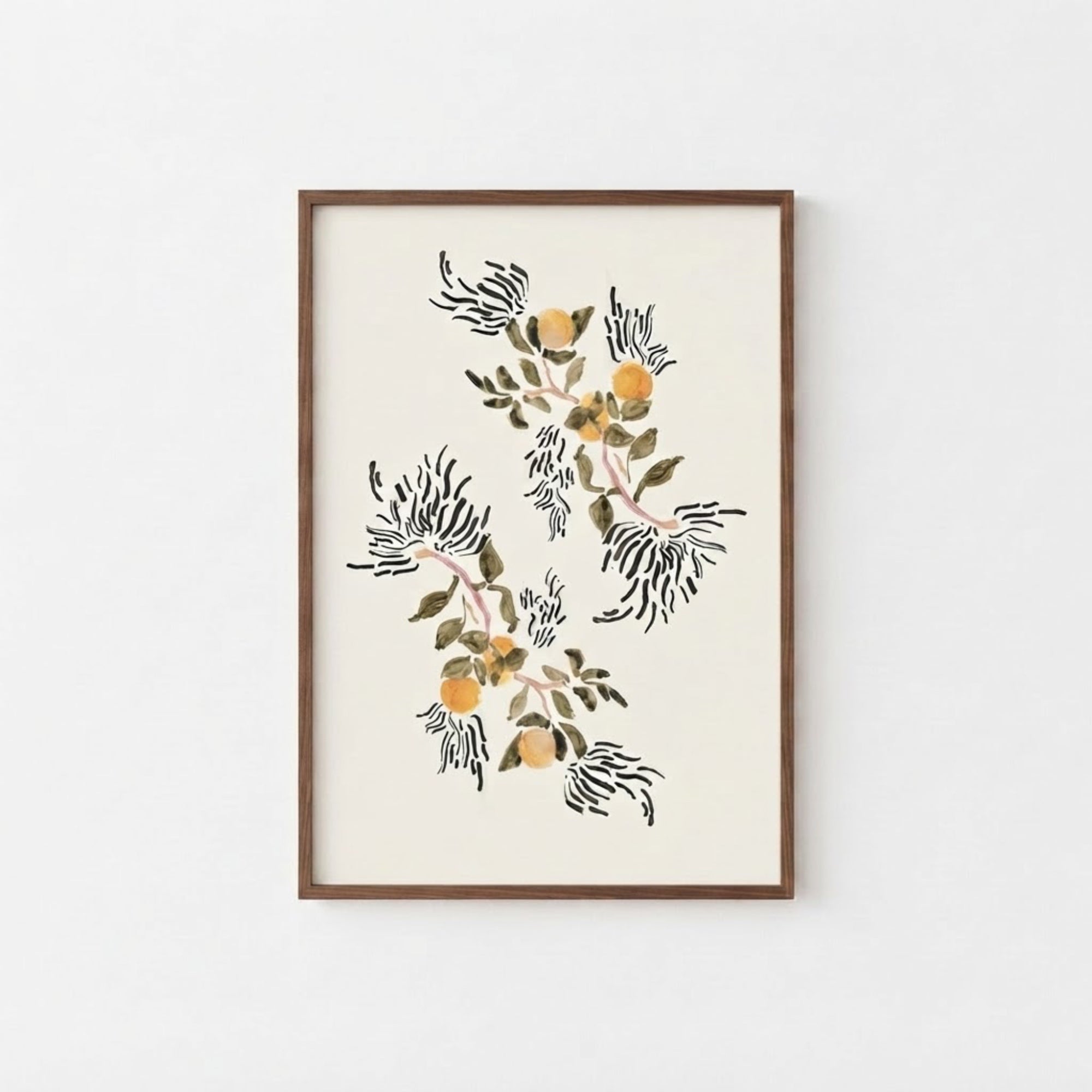 The image is a framed print featuring a floral design with black and white stripes and leaves, creating a visually striking and artistic composition.