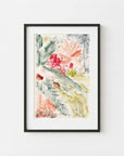 The image is a framed abstract painting with a vibrant mix of colors and textures, including red, green, yellow, and orange hues.