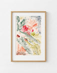 The image is a framed abstract painting with a vibrant mix of colors and shapes, including red, green, yellow, and blue.