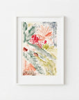 The image is a framed abstract painting with a vibrant mix of colors and textures, including red, green, yellow, and orange hues.