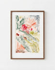 The image is a framed abstract painting with a vibrant mix of colors and shapes, including red, green, yellow, and orange hues.